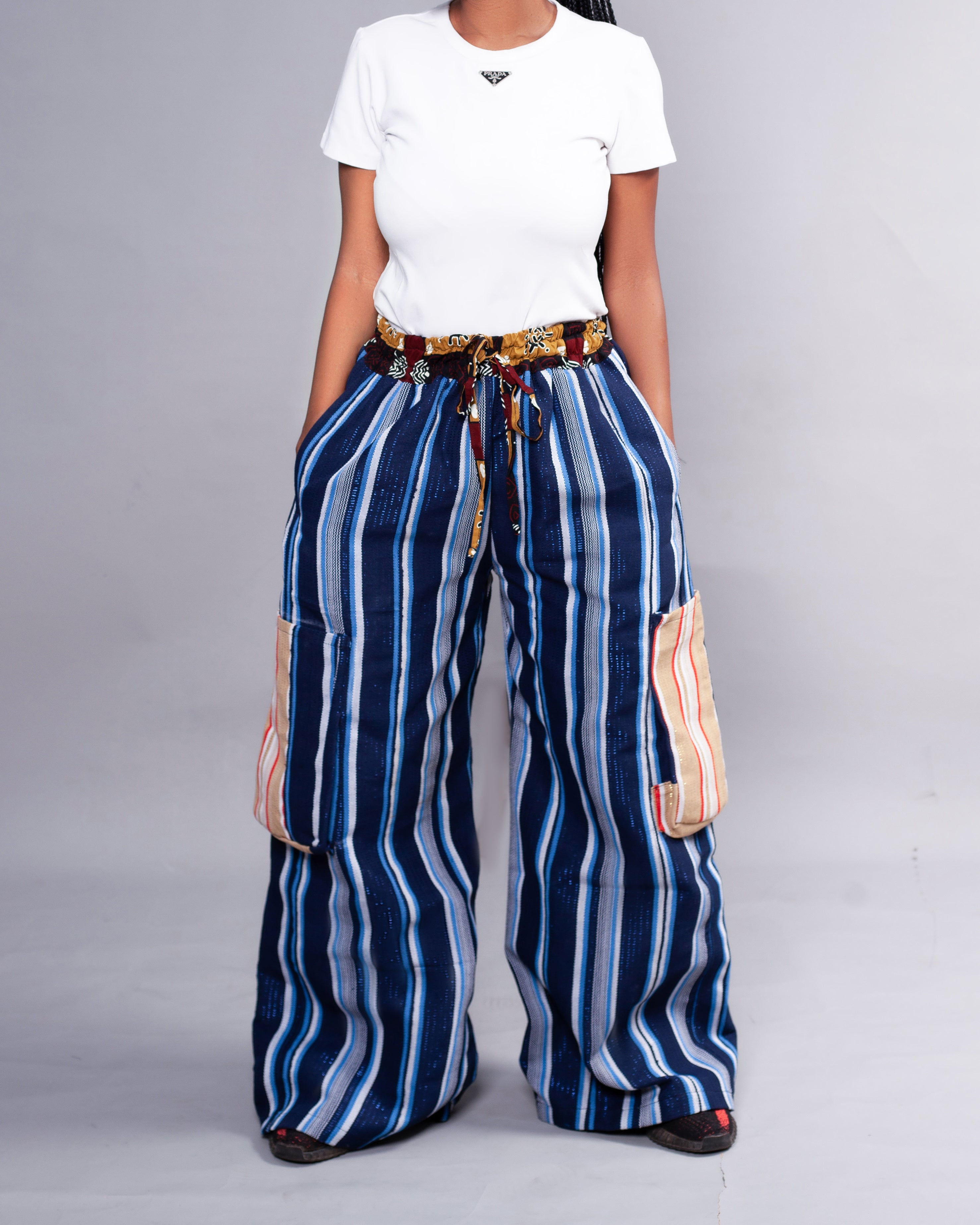 Pantalon Cargo Large (Bleu Rayé) – Collection EGOUNGOUN